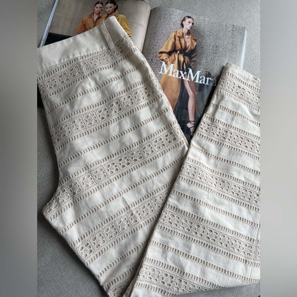MAX MARA WEEKEND Eyelet Cotton Straight Leg Ankle Pants In Dark Cream Size 6/8*